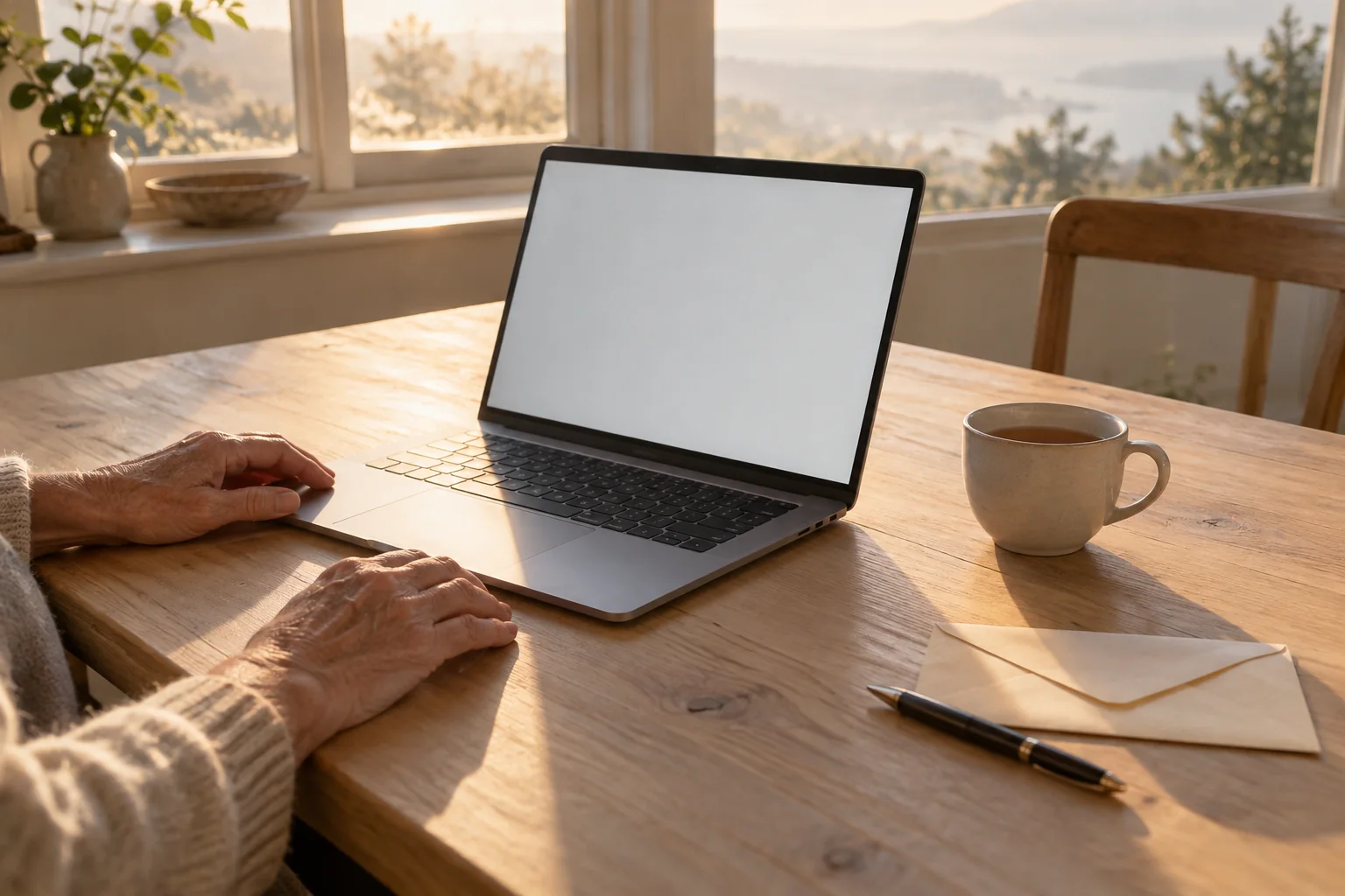 Hände am Küchentisch, daneben ein Laptop und eine Tasse Tee